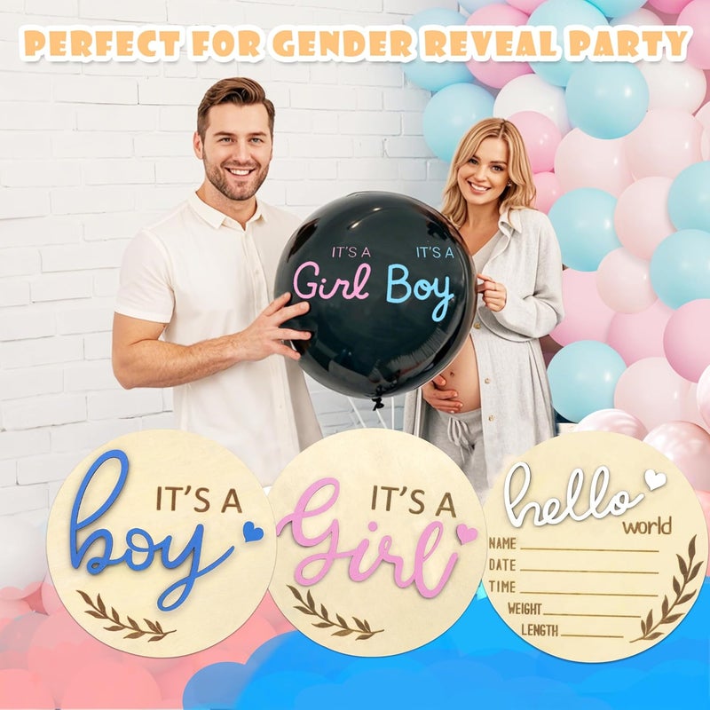AINBIN Baby Announcement Sign, Gender Reveal for Welcome Baby 3PCS Its a Boy/Girl and Hello World Newborn Sign Board Wooden Birth Name Announcement Plaque and Pen for Hospital Shower Party Photo Props - Image 4